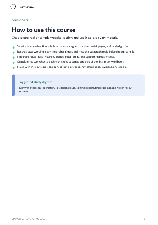 A digital course guide page from Optivisemia explaining how to use a course, with text instructions, bullet points, and a highlighted suggested study rhythm section on a white background.