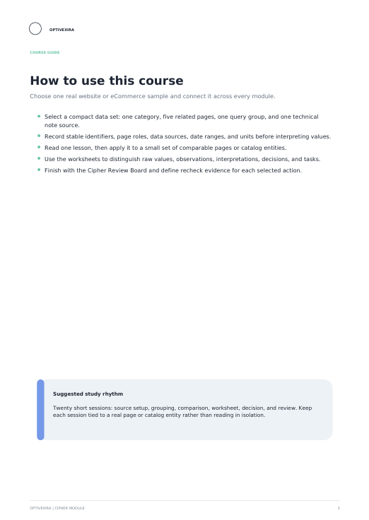 A digital page from Optiviera's 'Getting Started' guide titled 'How to use this course', featuring instructional text, bullet points, and a blue highlighted section with a suggested study rhythm.