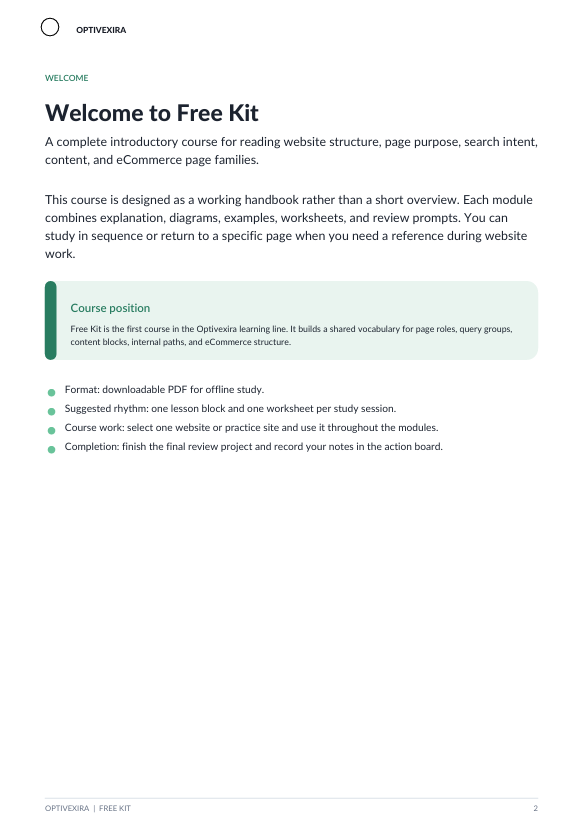 A digital preview page of a course kit titled 'Welcome to Free Kit' from Optivisera, displaying a structured introductory course on reading website structure in a clean, minimalist document layout.