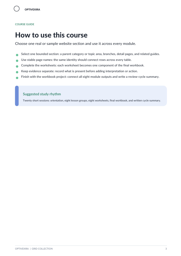 A digital course guide page from Optivismedia explaining how to use a course, with text instructions, bullet points, and a highlighted suggested study rhythm on a white background.