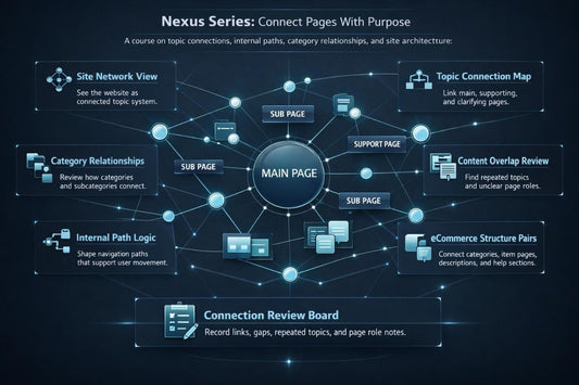 An infographic-style diagram titled 'Nexus Series: Connect Pages With Purpose' on a dark blue background, showing a central main page surrounded by connected sub pages, support pages, category relationships, internal path logic, site network view, content overlap review, ecommerce structure pairs, and a connection review board.