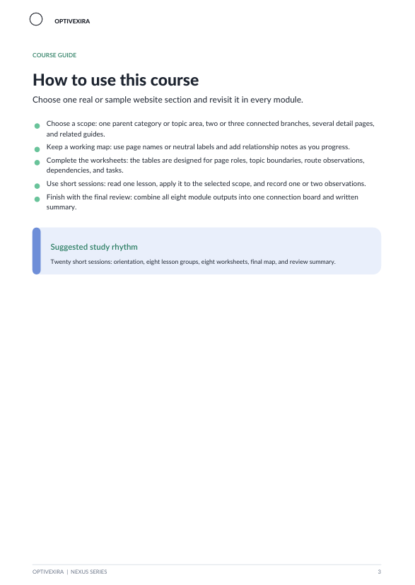A digital course guide page from Optiviera for the NEURO series, titled 'How to use this course'. The page features instructional text with bullet points and a highlighted section about suggested study rhythm, presented on a clean white background.