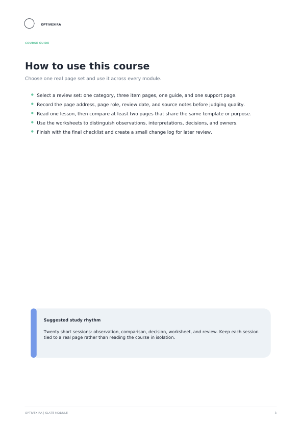 A digital page from a course guide titled 'How to use this course' with bullet points and a suggested study rhythm box at the bottom on a white background.