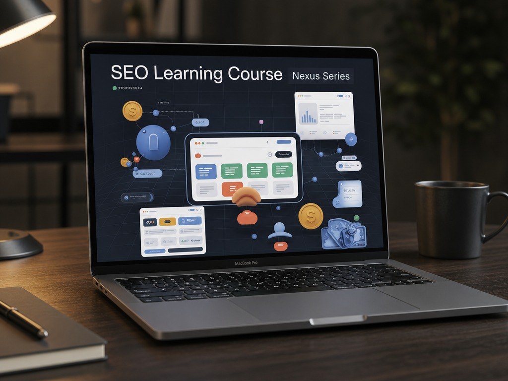 An open silver laptop on a wooden desk displaying an 'SEO Learning Course' screen, with a black mug, notebook, and pen nearby in a softly lit indoor setting.