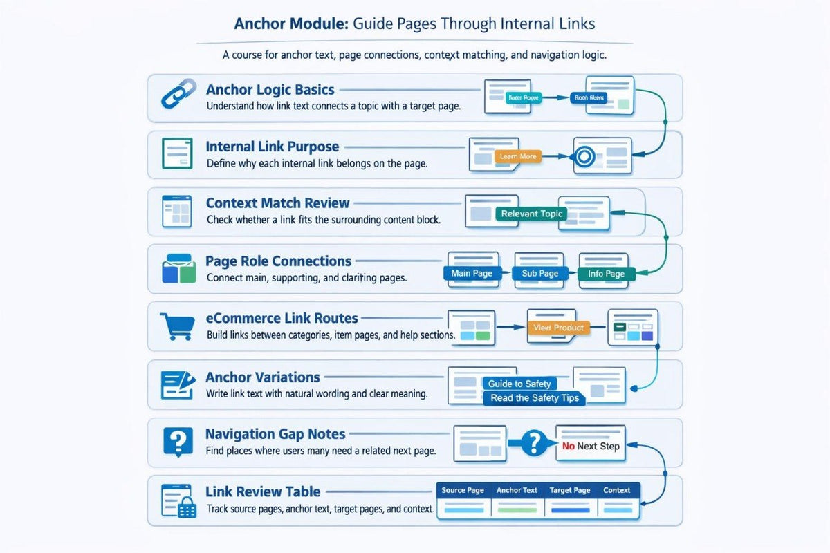 An infographic-style diagram titled 'Anchor Module: Guide Pages Through Internal Links' with multiple illustrated steps, icons, and arrows explaining anchor logic, internal link purpose, context match review, page role connections, ecommerce link routes, anchor variations, navigation gap gaps, and a link review table.