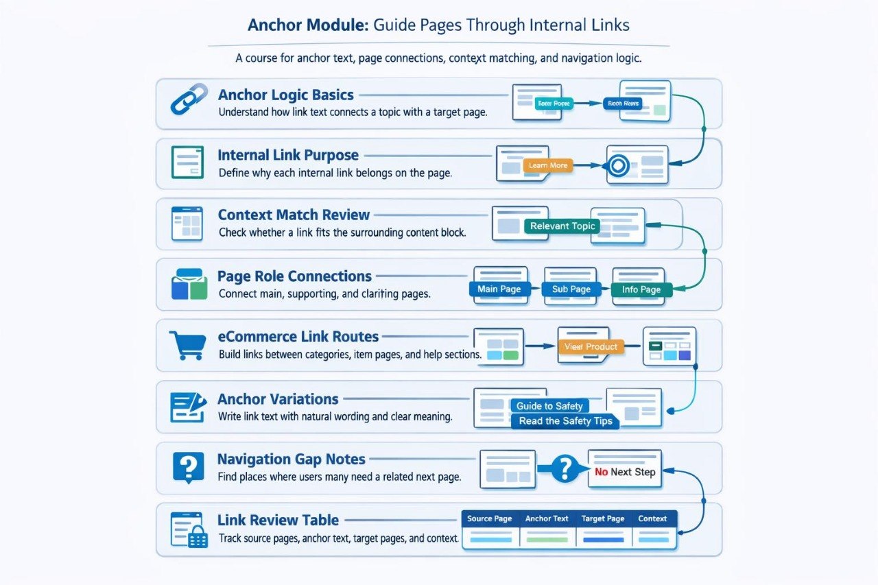 An infographic-style diagram titled 'Anchor Module: Guide Pages Through Internal Links' with multiple illustrated steps, icons, and arrows explaining anchor logic, internal link purpose, context match review, page role connections, ecommerce link routes, anchor variations, navigation gap gaps, and a link review table.