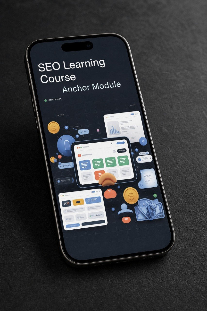 A black smartphone angled on a dark textured surface, displaying a course interface titled 'SEO Learning Course Anchor Module' with colorful app-style UI cards on the screen.