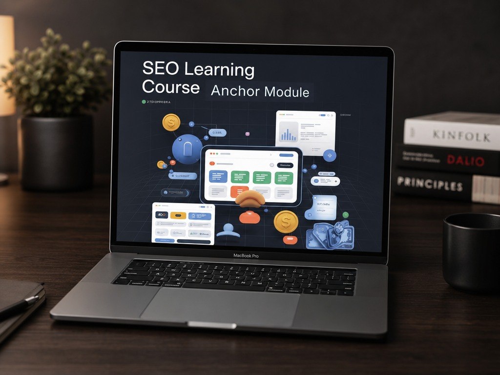 An open silver laptop on a dark wooden desk displaying an SEO Learning Course graphic, with books and a plant in the background.