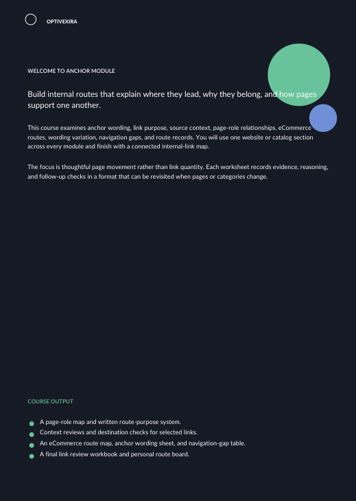 A dark navy digital slide or page with white text about an anchor module, including bullet points and two circular icons in green and blue. The top left shows the brand name 'OPTIVEKEDIA'.