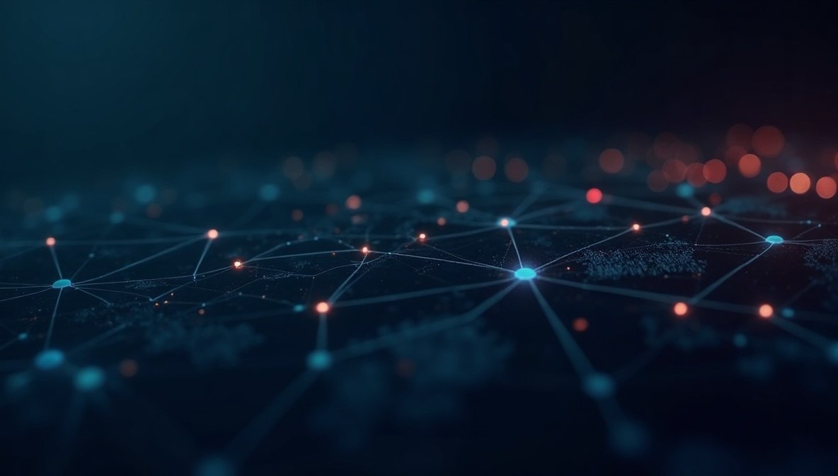 Abstract digital network illustration with glowing blue and orange nodes connected by fine lines over a dark, blurred background.