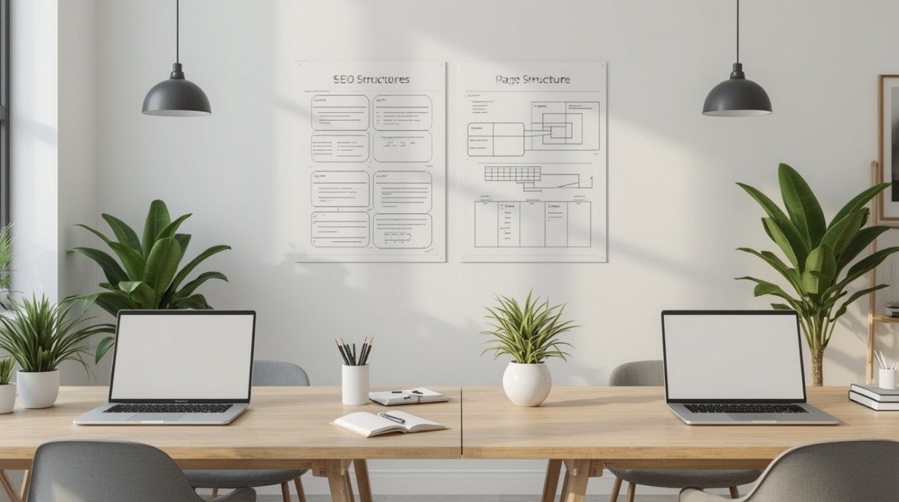A bright modern office workspace with a wooden table, two open laptops, potted plants, and two framed white wall posters with black technical diagrams hanging above the desk. Two black pendant lights hang from the ceiling.