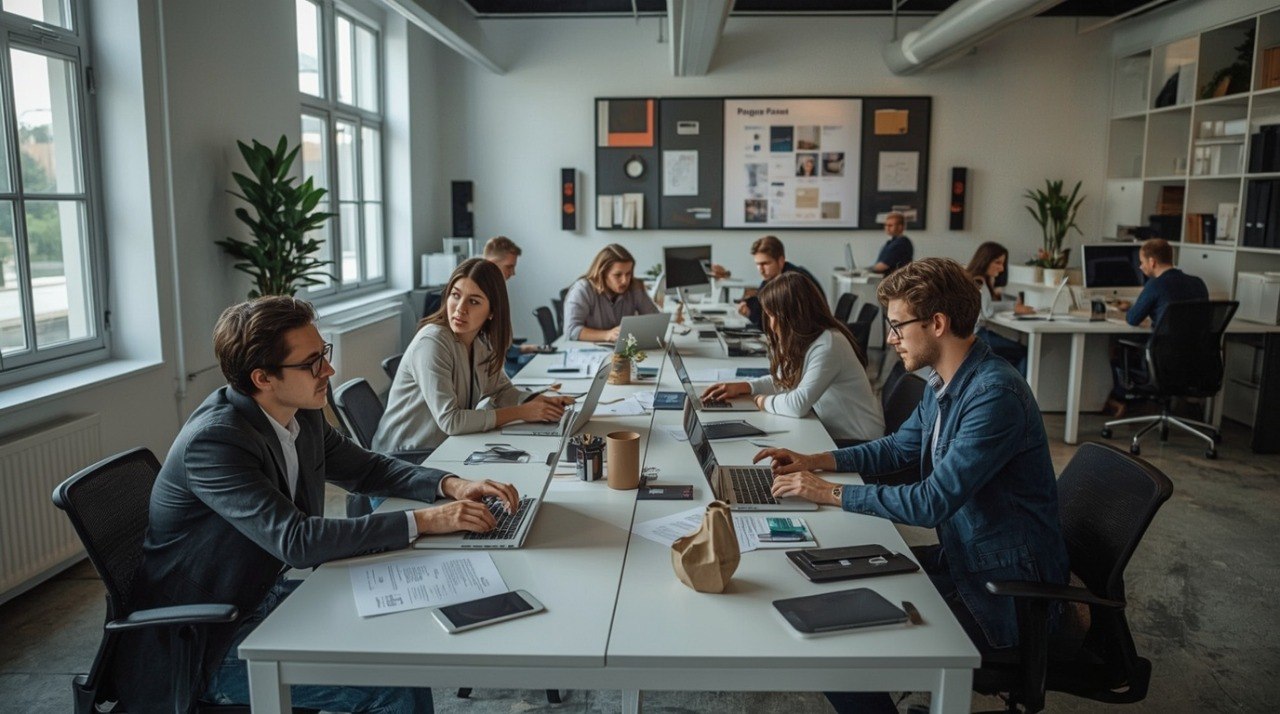A group of professionals collaborating around a long white table in a bright, modern office space, working on laptops and reviewing documents.