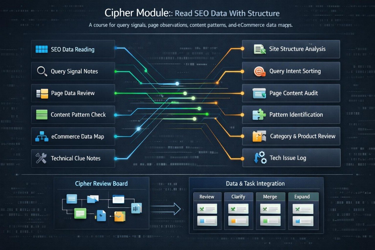 A dark blue digital flowchart titled 'Cipher Module:: Read SEO Data With Structure' showing connected boxes and icons for SEO data reading, query signal notes, page data review, content pattern check, ecommerce data map, site structure analysis, query intent sorting, page content audit, pattern identification, category & product review, and tech issue log.