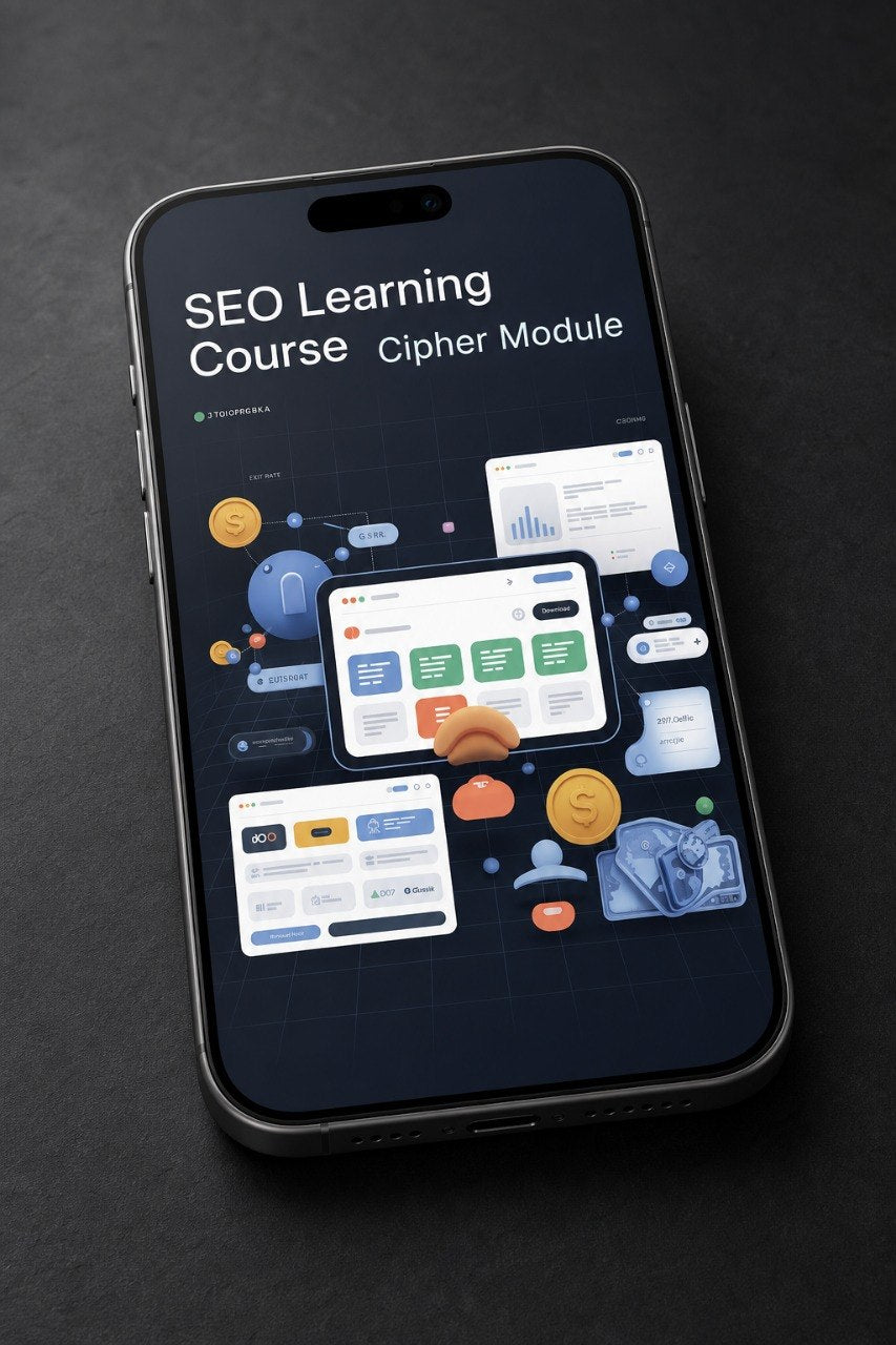 A smartphone lying on a dark textured surface, displaying a course interface titled 'SEO Learning Course Cipher Module' with illustrated dashboard panels and floating UI elements.