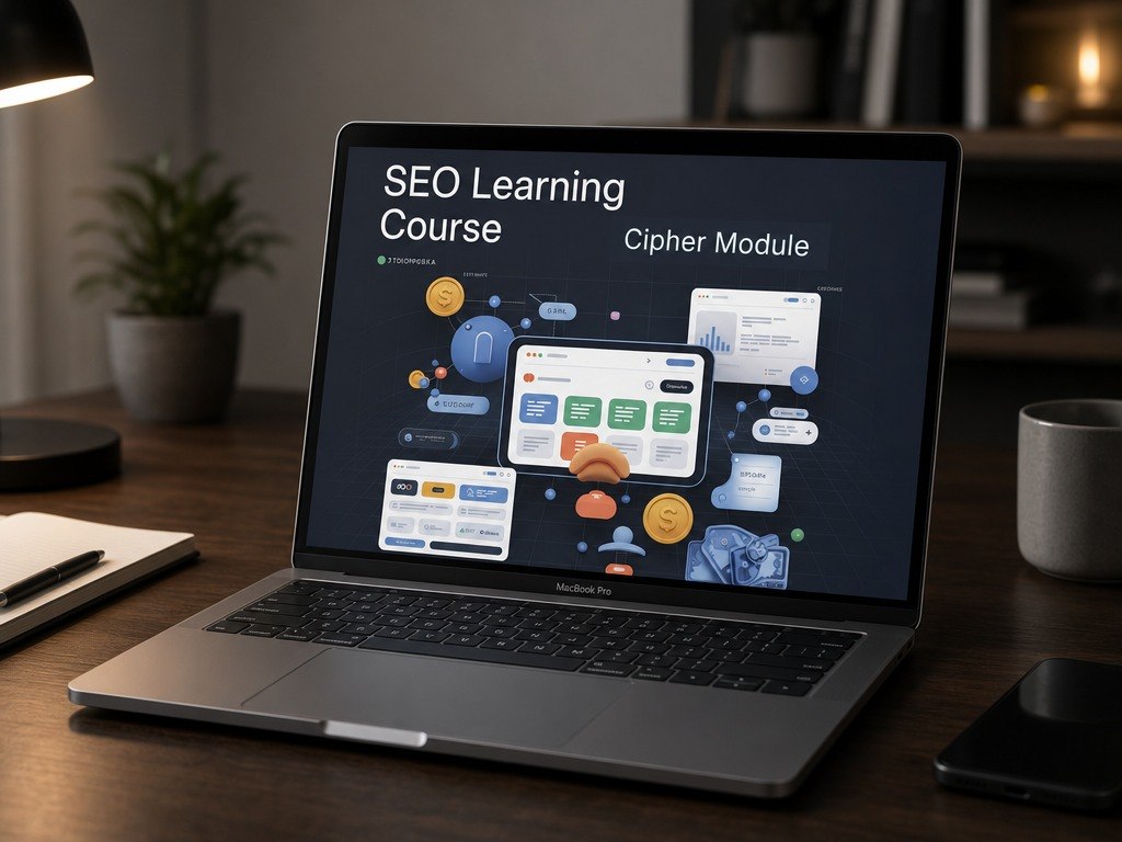 An open laptop on a wooden desk displaying a digital course interface titled 'SEO Learning Course Cipher Module' in a softly lit home office setting.