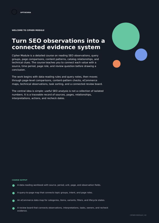A dark navy promotional graphic for 'Cyber Module' from 'Optimism', outlining a course on reading SEO observations. The design features white text, a list of course objectives at the bottom, and three colored circles (green, blue, and orange) on the right side.