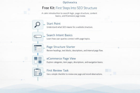 A digital infographic outlining a free SEO structure kit by Optivexira, featuring five key learning modules: Start Point, Search Intent Basics, Page Structure Starter, eCommerce Page View, and First Review Task, presented on a light blue and white background.