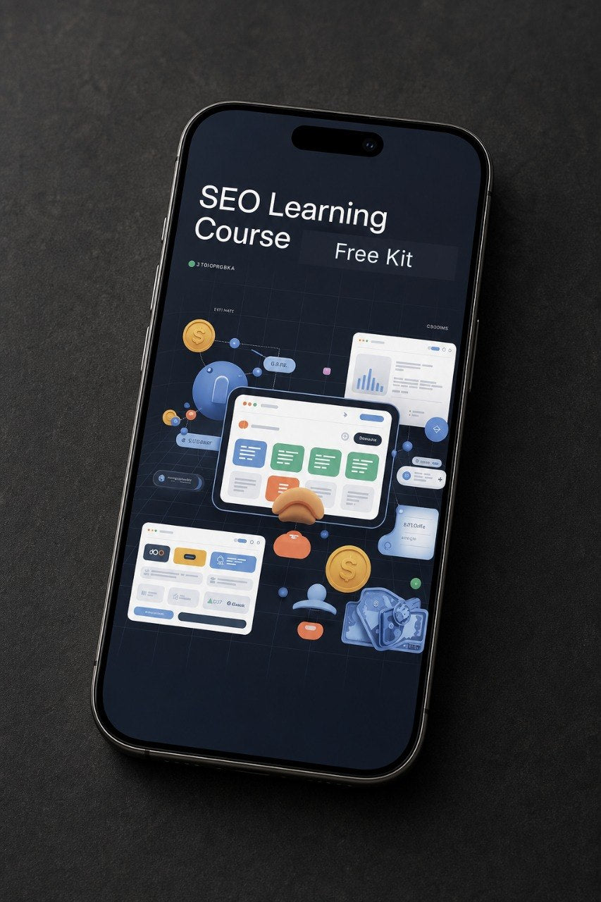 A black smartphone lying on a dark textured surface, displaying a course interface titled 'SEO Learning Course Free Kit' with colorful app-style dashboard graphics on the screen.