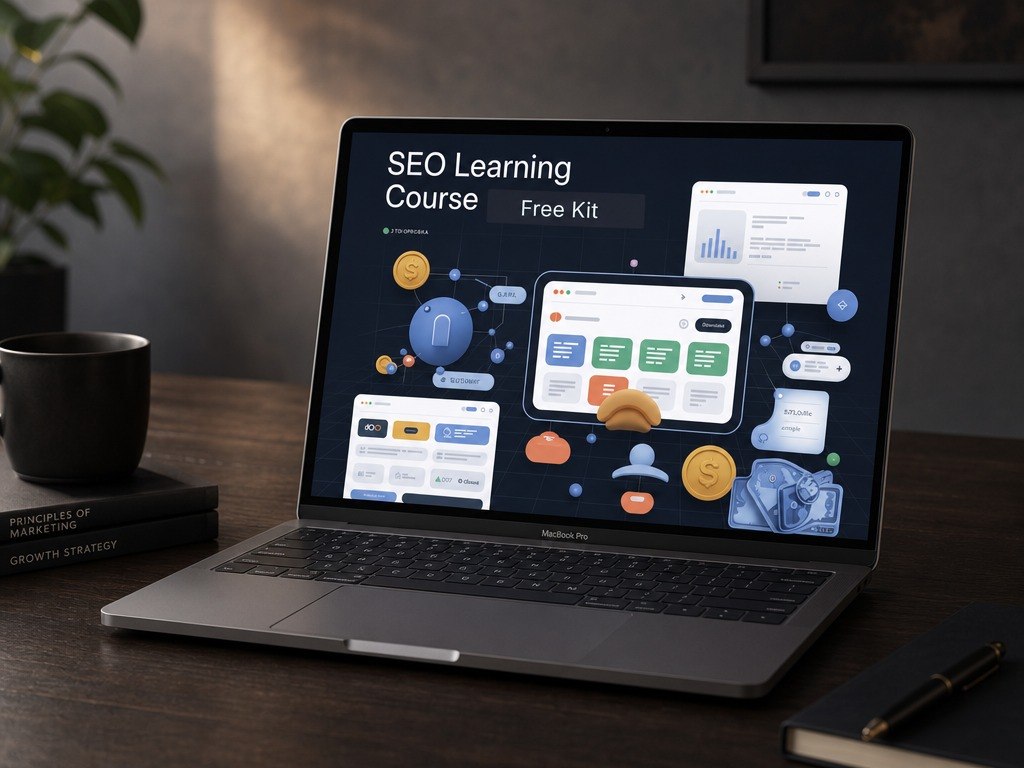 A silver laptop sits open on a wooden desk, displaying a digital course interface titled 'SEO Learning Course Free Kit.' A black mug, stacked books, and a notebook are visible around it in a warm indoor setting.