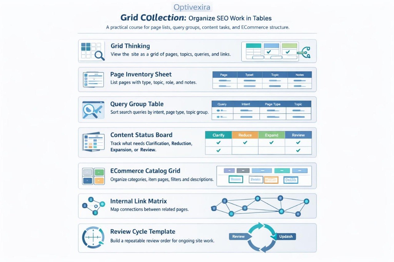 An infographic poster titled 'Grid Collection: Organize SEO Work in Tables' by Optivexira, displaying a vertical sequence of spreadsheet and data organization templates like a Grid Thinking sheet, Page Inventory, Query Group Table, Content Status Board, Ecommerce Catalog Grid, Internal Link Matrix, and Review Cycle Template.