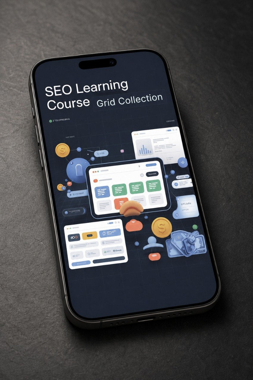 A black smartphone lying diagonally on a dark textured surface, displaying a course grid interface titled 'SEO Learning Course Grid Collection' with colorful UI cards and icons.
