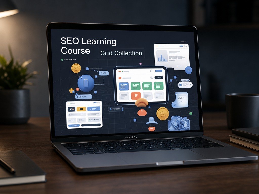 A laptop on a wooden desk displaying an 'SEO Learning Course Grid Collection' screen mockup, with a blurred office background including a plant and mug.