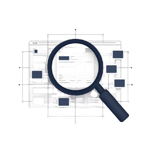 A digital illustration of a dark blue magnifying glass over a white wireframe layout with small dark blue blocks, on a plain white background.