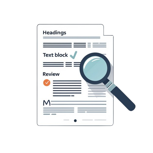 Flat vector illustration of a document page with headings, text blocks, a review checkbox, and a magnifying glass on a white background.