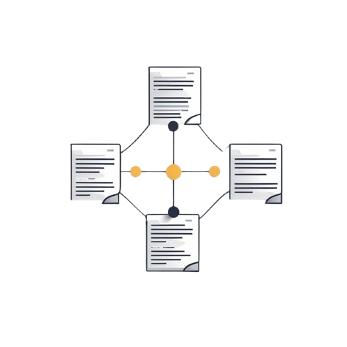 A minimalist vector illustration of four document pages connected by thin lines and dots, with a central yellow circle and dark gray dots, on a plain white background.