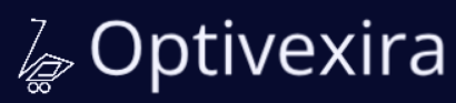 Optivexira logo in white on a dark navy background, featuring stylized text and a small shopping cart icon.
