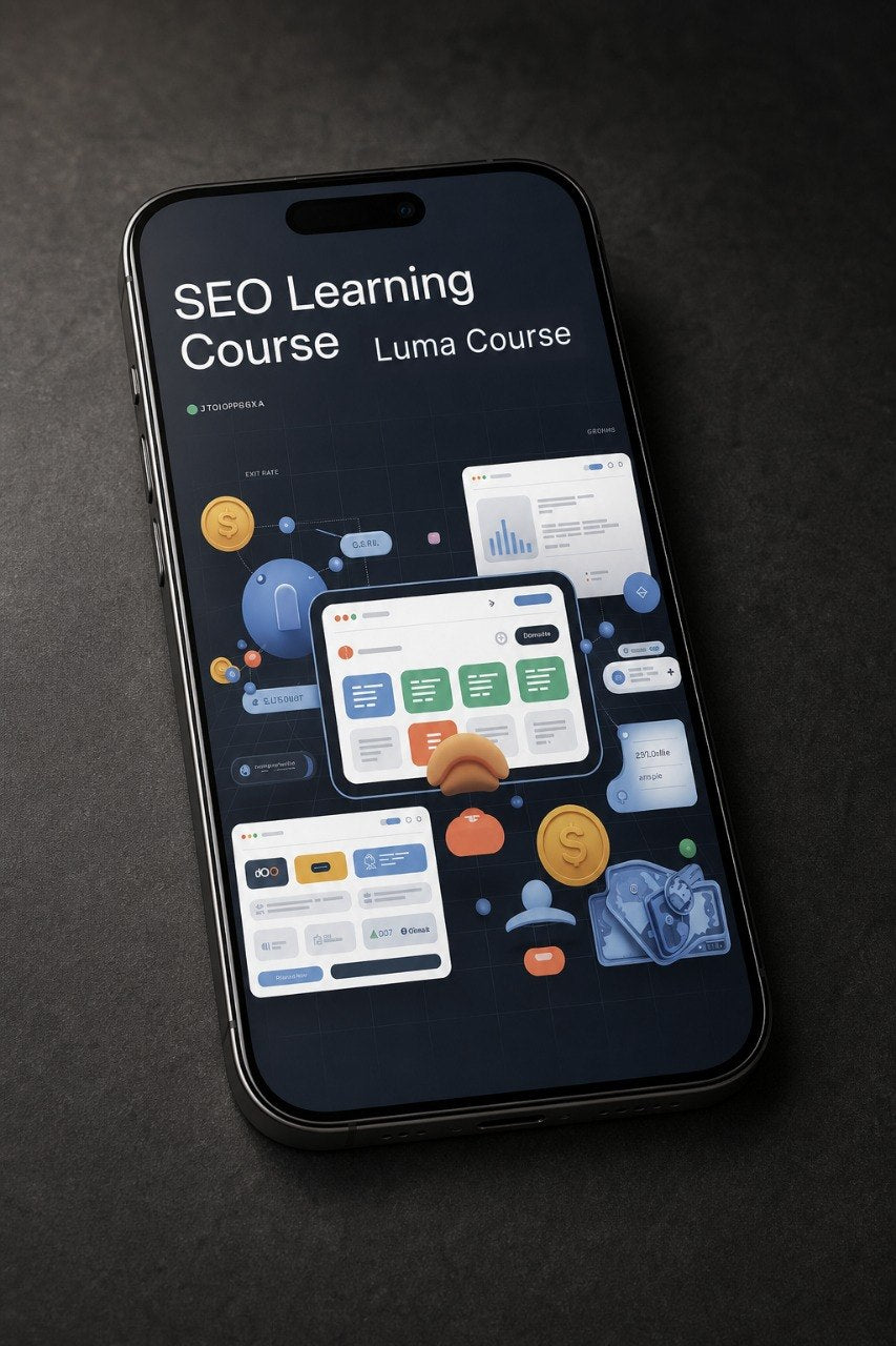 A black smartphone lying on a dark textured surface, displaying a course interface titled 'SEO Learning Course Luma Course' with colorful app dashboard graphics on the screen.