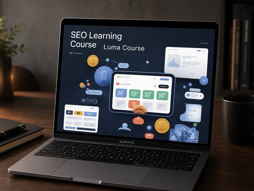 An open MacBook Pro laptop on a wooden desk, displaying a digital course interface titled 'SEO Learning Course Luma Course' with colorful UI mockups on screen.