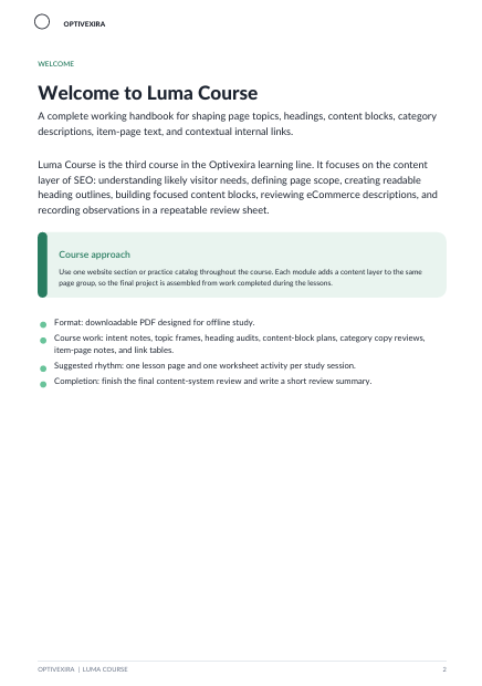 A digital document page titled 'Welcome to Luma Course' from Optivivio, showing course information, bullet points, and a light green highlighted section on a white background.