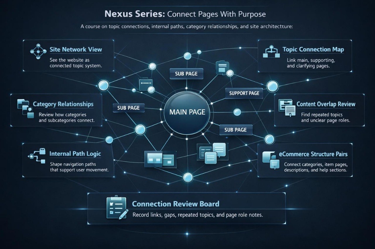 An infographic-style diagram titled 'Nexus Series: Connect Pages With Purpose' on a dark blue background, showing a central main page surrounded by connected sub pages, support pages, category relationships, internal path logic, site network view, content overlap review, ecommerce structure pairs, and a connection review board.