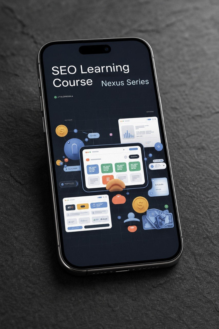 A black smartphone lying on a dark textured surface, displaying a course interface titled 'SEO Learning Course Nexus Series' with colorful app-style UI cards on the screen.