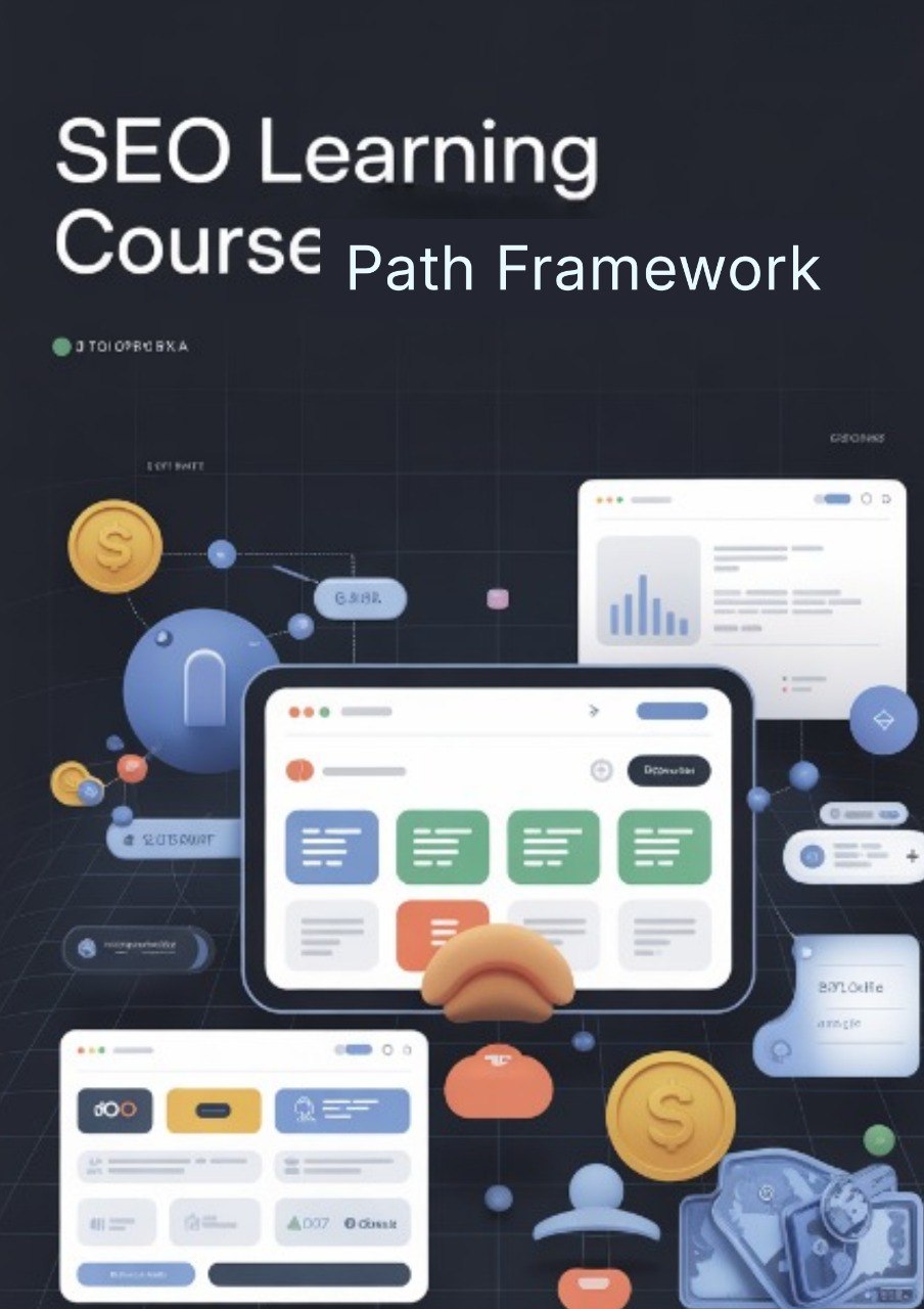 Promotional graphic for an SEO Learning Course Path Framework, featuring a dark navy background with floating digital interface mockups, charts, coins, and abstract UI elements. Large white text at the top reads 'SEO Learning Course Path Framework.