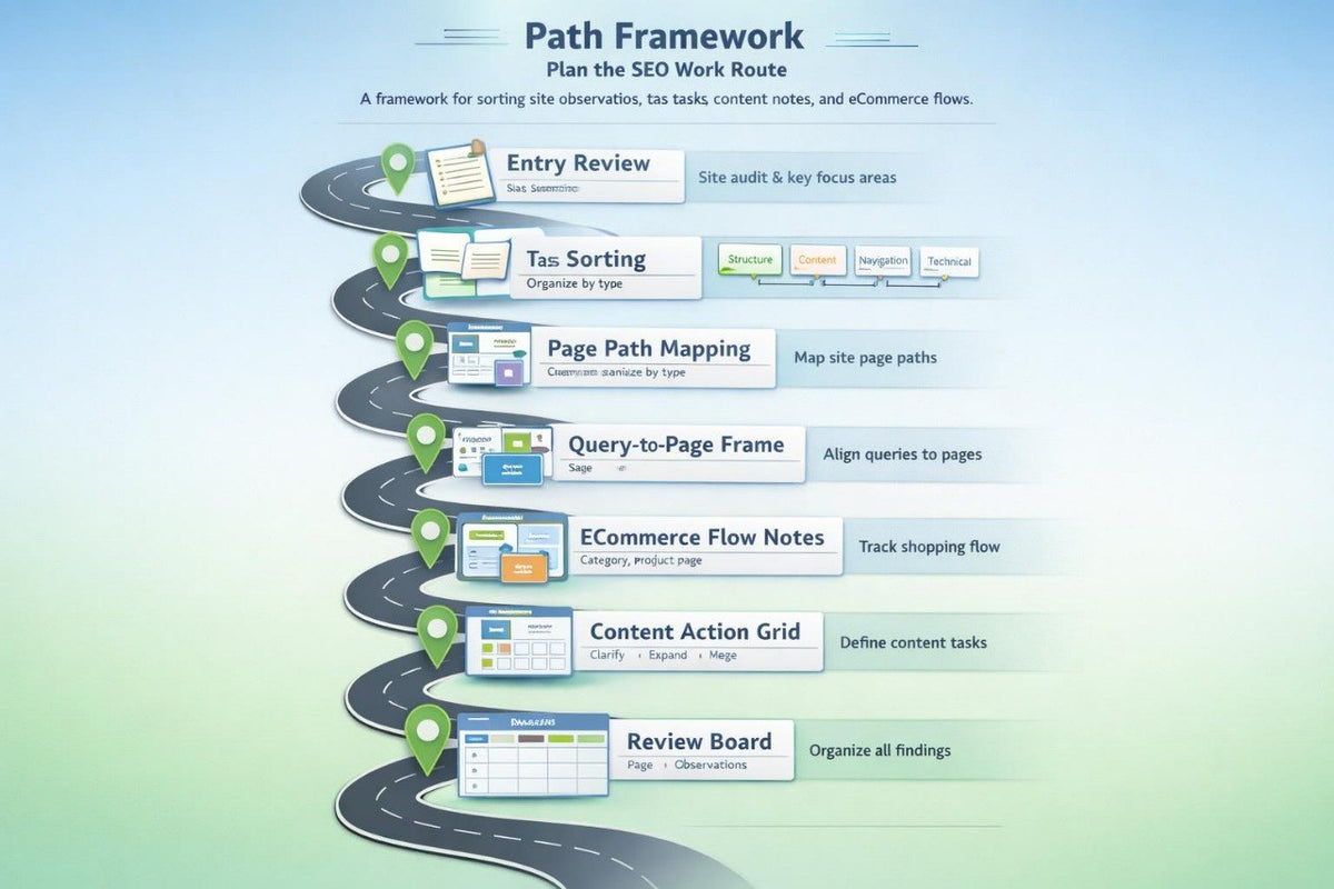 An infographic titled 'Path Framework' showing a winding road with labeled steps for planning an SEO work route, including Entry Review, Tax Sorting, Page Path Mapping, Query-to-Page Frame, Ecommerce Flow Notes, Content Action Grid, and Review Board, on a light blue gradient background.