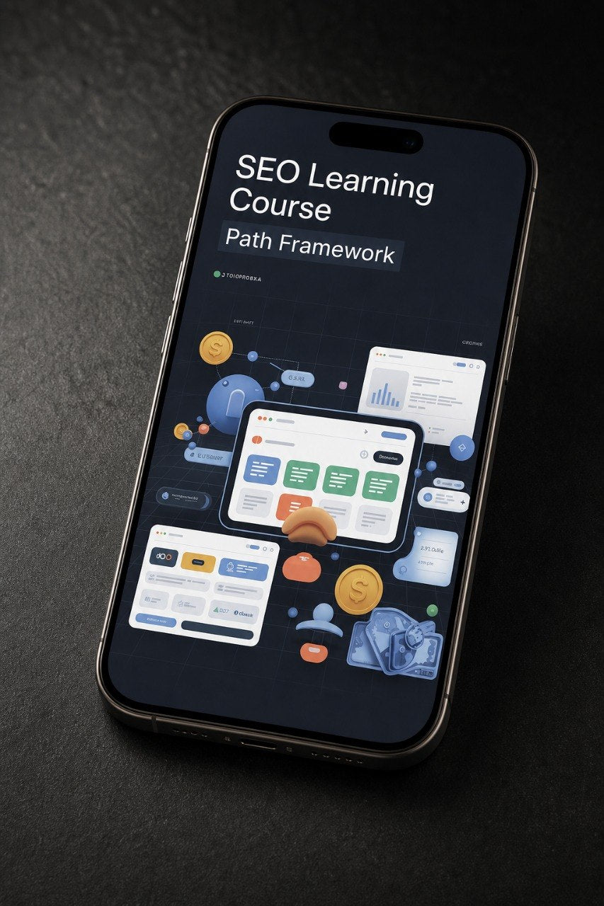 A black smartphone lying on a dark textured surface, displaying a course interface titled 'SEO Learning Course Path Framework' with colorful app-style dashboard graphics on the screen.