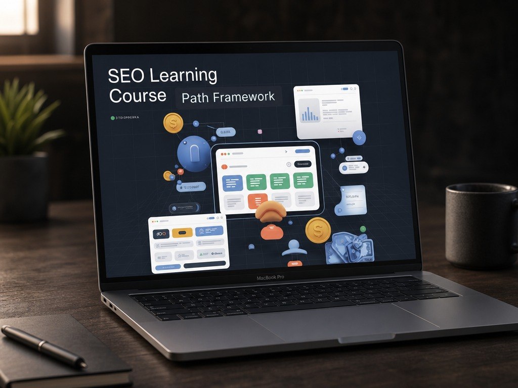 An open laptop on a dark wooden desk displaying a digital course interface titled 'SEO Learning Course Path Framework.' The scene includes a plant, notebook with pen, and a mug in a dimly lit indoor setting.