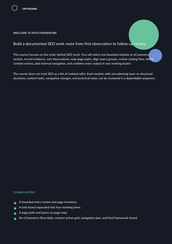 A dark navy digital course outline or infographic titled 'OPTIMIZING' with text sections about SEO work routines and course outputs, plus two large circular color blocks in mint green and periwinkle blue.