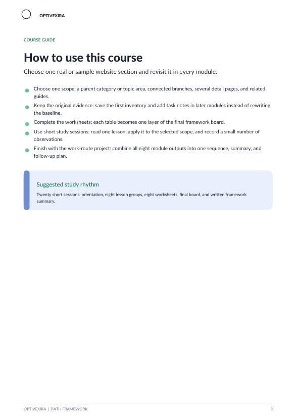 A course guide page from Optivmedia with black text on a white page, including bullet points and a blue highlighted section titled 'Suggested study rhythm'.