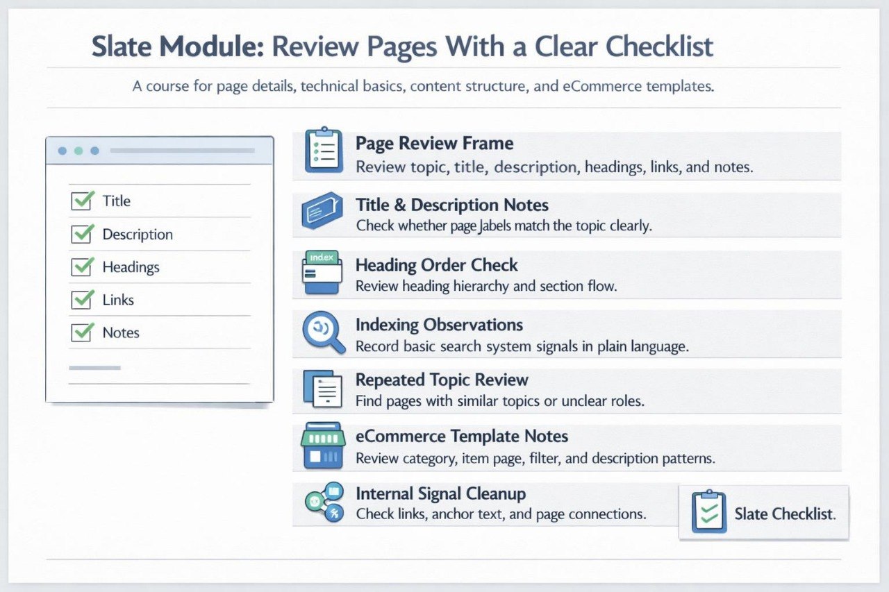 A screenshot of a digital course module titled 'Slate Module: Review Pages With a Clear Checklist' showing a checklist template and a list of review page checklist topics on a light gray background.