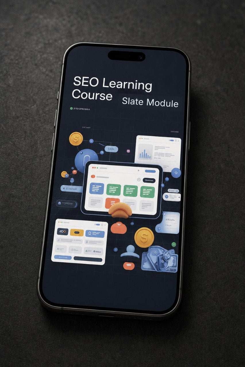A black smartphone lying on a dark textured surface, displaying a course interface titled 'SEO Learning Course Slate Module' with colorful app-style dashboard graphics on the screen.