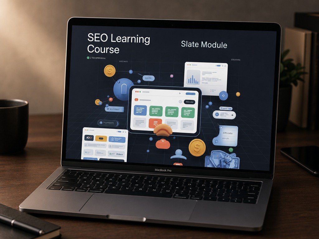 An open silver laptop on a wooden desk displaying a digital course interface titled 'SEO Learning Course' and 'Slate Module' on the screen, with a mug, notebook, and plant in the background.