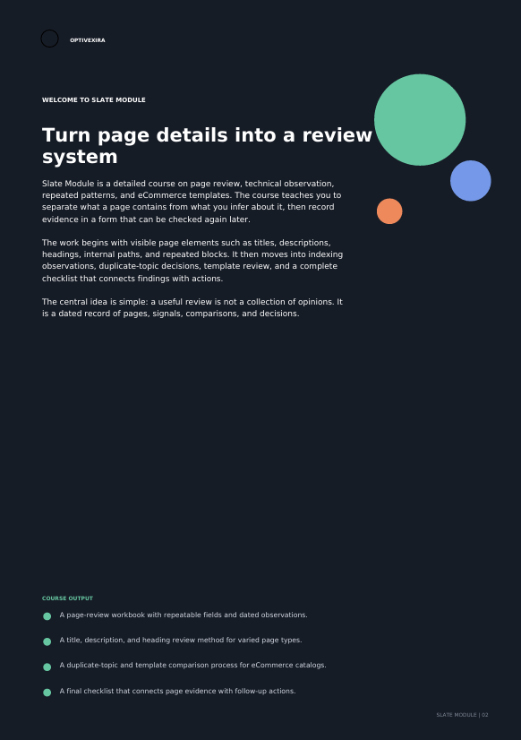 A dark navy promotional graphic for the Slavena Module, featuring white text, a teal circular icon, and small orange and blue circular accents on a dark background.