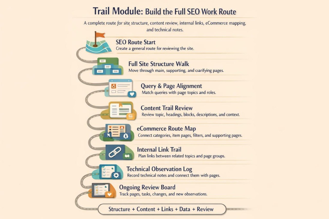 An infographic titled 'Trail Module: Build the SEO Full Work Route' on a beige background, showing a winding gray path with illustrated icons and text blocks for SEO start, full site structure walk, query & page alignment, content trail review, ecommerce route map, internal link trail, technical observation log, and ongoing review board.