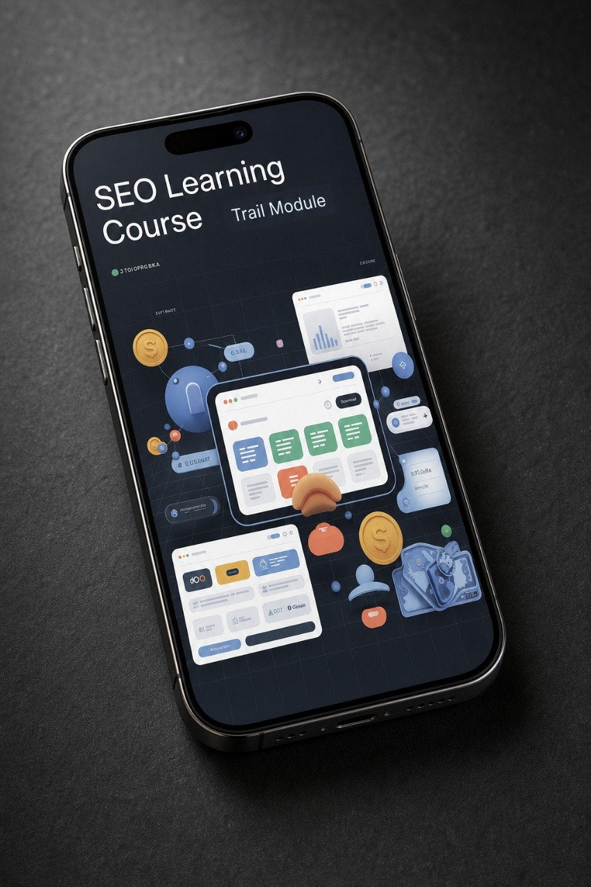 A black smartphone angled on a dark textured surface, displaying a course interface titled 'SEO Learning Course Trail Module' with colorful app dashboard mockups on the screen.