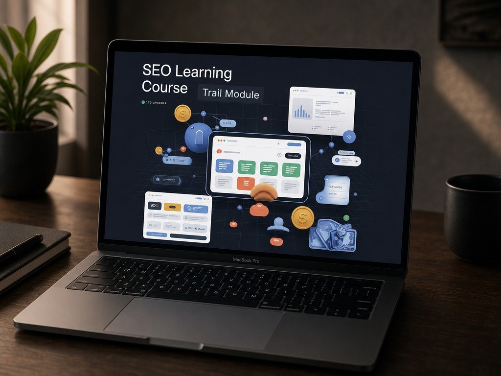 An open laptop on a wooden desk displaying an 'SEO Learning Course Trail Module' screen, with a plant and mug in the background.