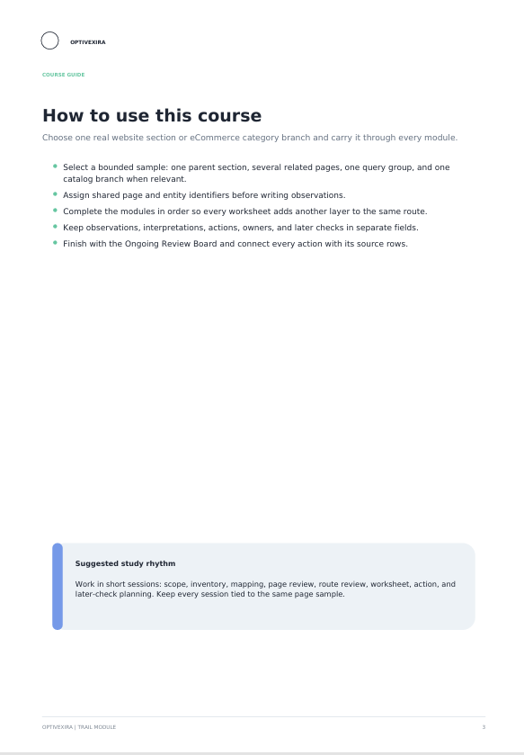 A digital page from an Optiview guide titled 'How to use this course' with instructional text, bullet points, and a blue highlighted section at the bottom.