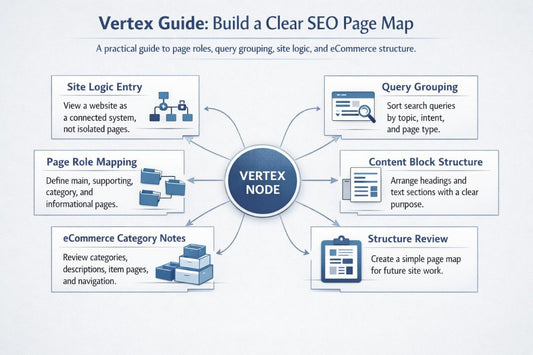 A digital infographic titled 'Vertex Guide: Build a Clear SEO Page Map' showing a central 'VERTEX NODE' surrounded by six labeled sections: Site Logic Entry, Query Grouping, Page Role Mapping, Content Block Structure, eCommerce Category Notes, and Structure Review, on a light gray background.